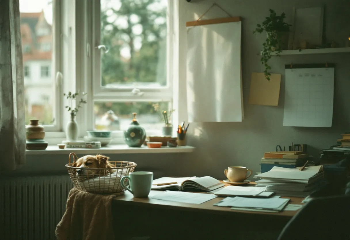 The Redfern office — two desks, paper files, a mug of tea and the dog asleep in a basket by the window