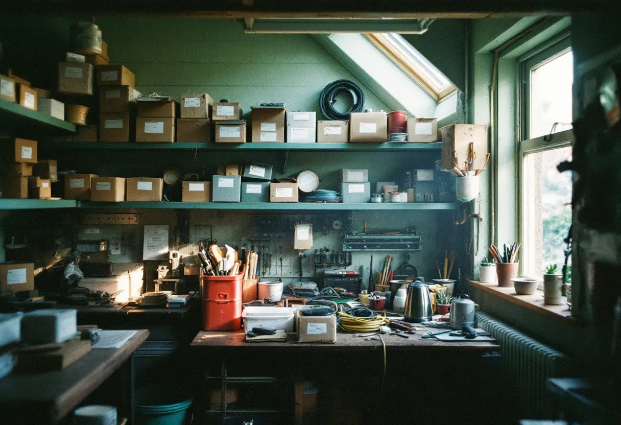 Inside the Redfern workshop — shelves of components, cable drums and a tidy workbench in morning light