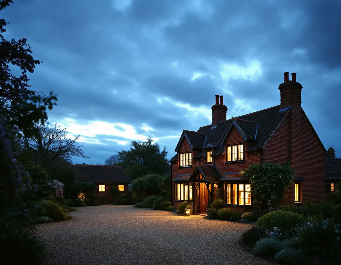 A red-brick Surrey cottage at dusk, warm light glowing from its windows