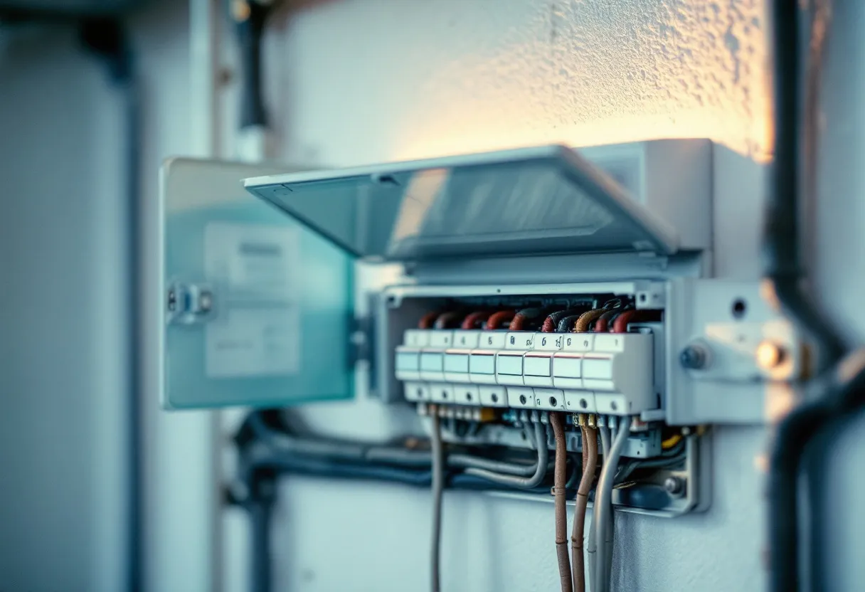 A newly installed consumer unit with its cover open, showing a neat row of circuit breakers