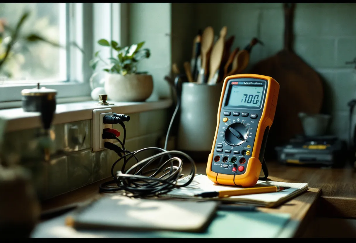 A multifunction electrical tester on a kitchen worktop with probes connected to a wall socket