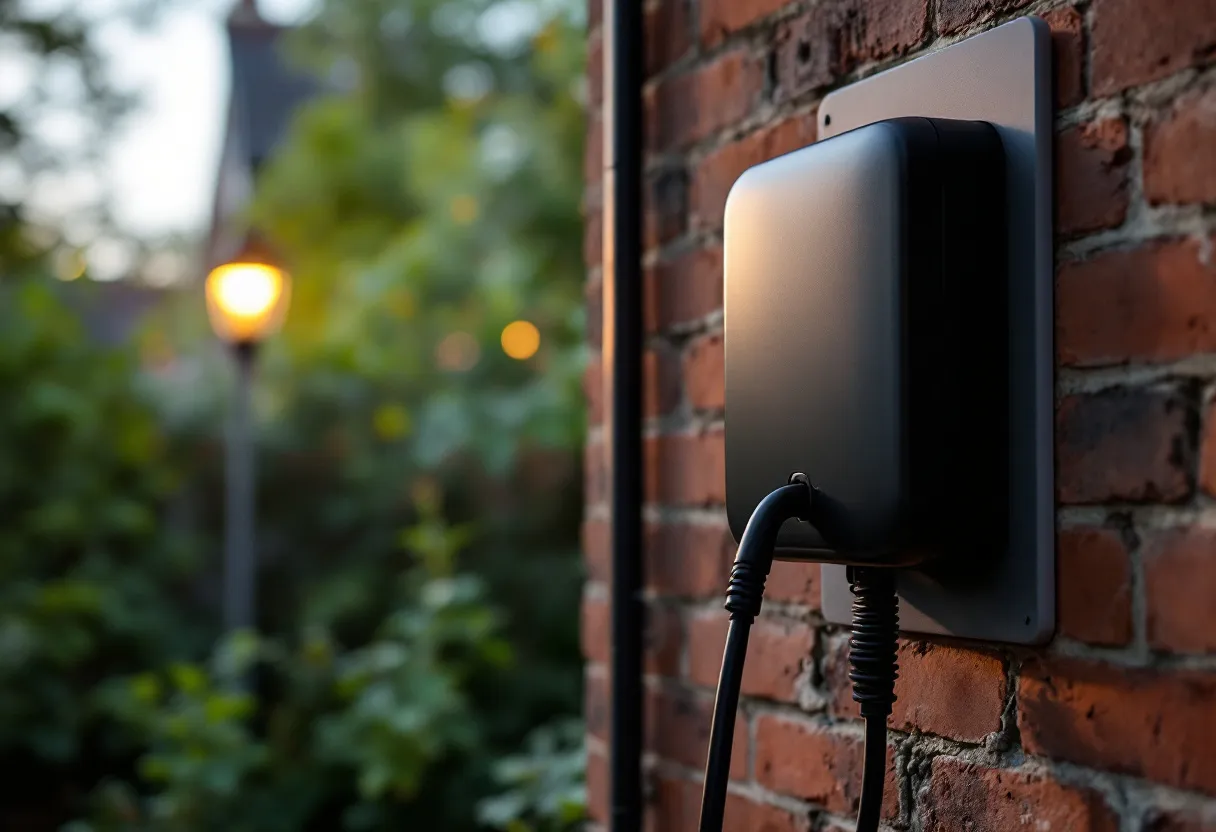 A matte-black EV charging unit on the brick wall of an English house at dusk