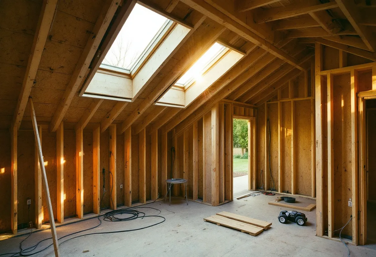 A timber-framed extension under construction with first-fix cabling run through the studwork