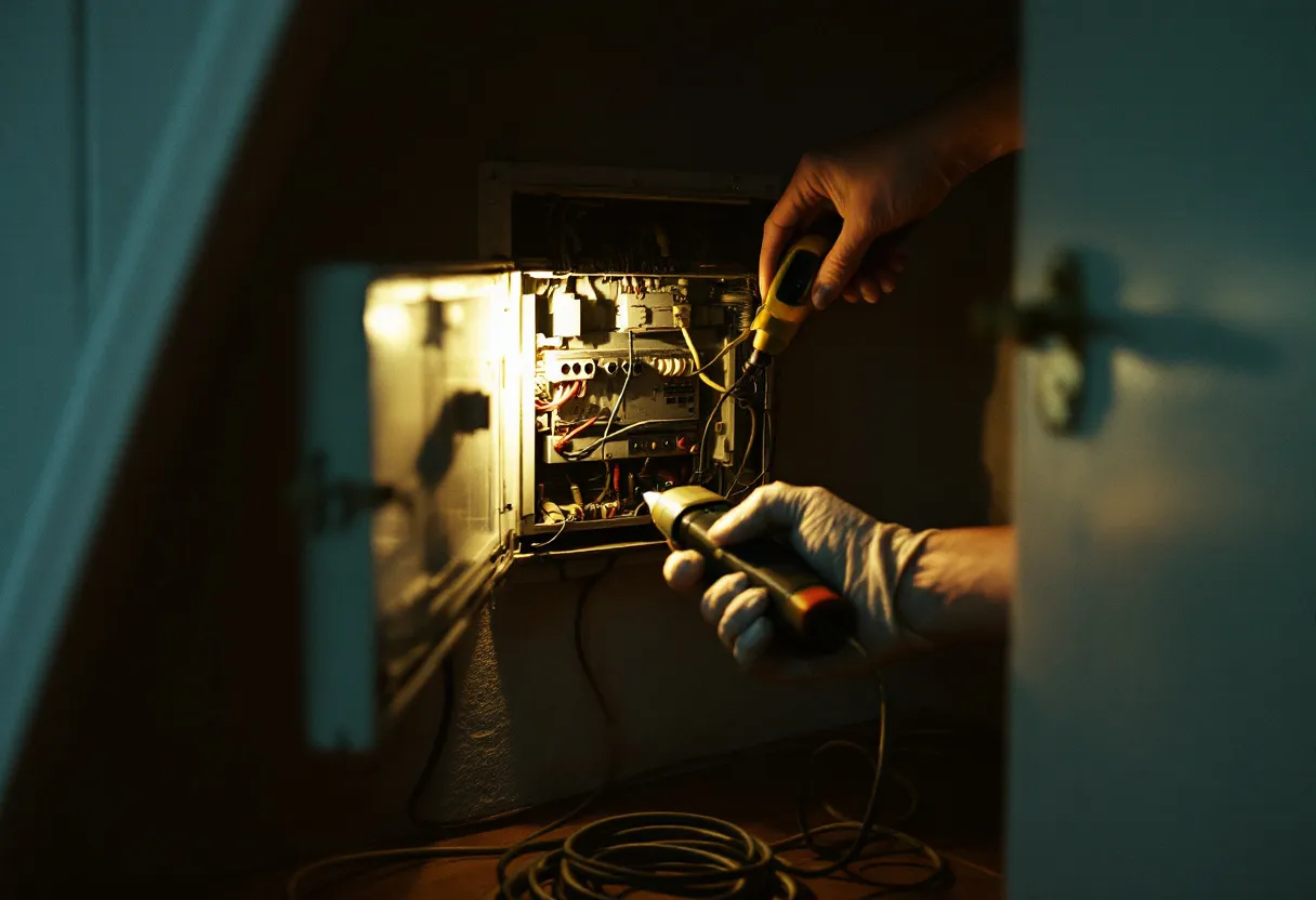 A torch beam on an open consumer unit in an under-stairs cupboard, tester in a gloved hand