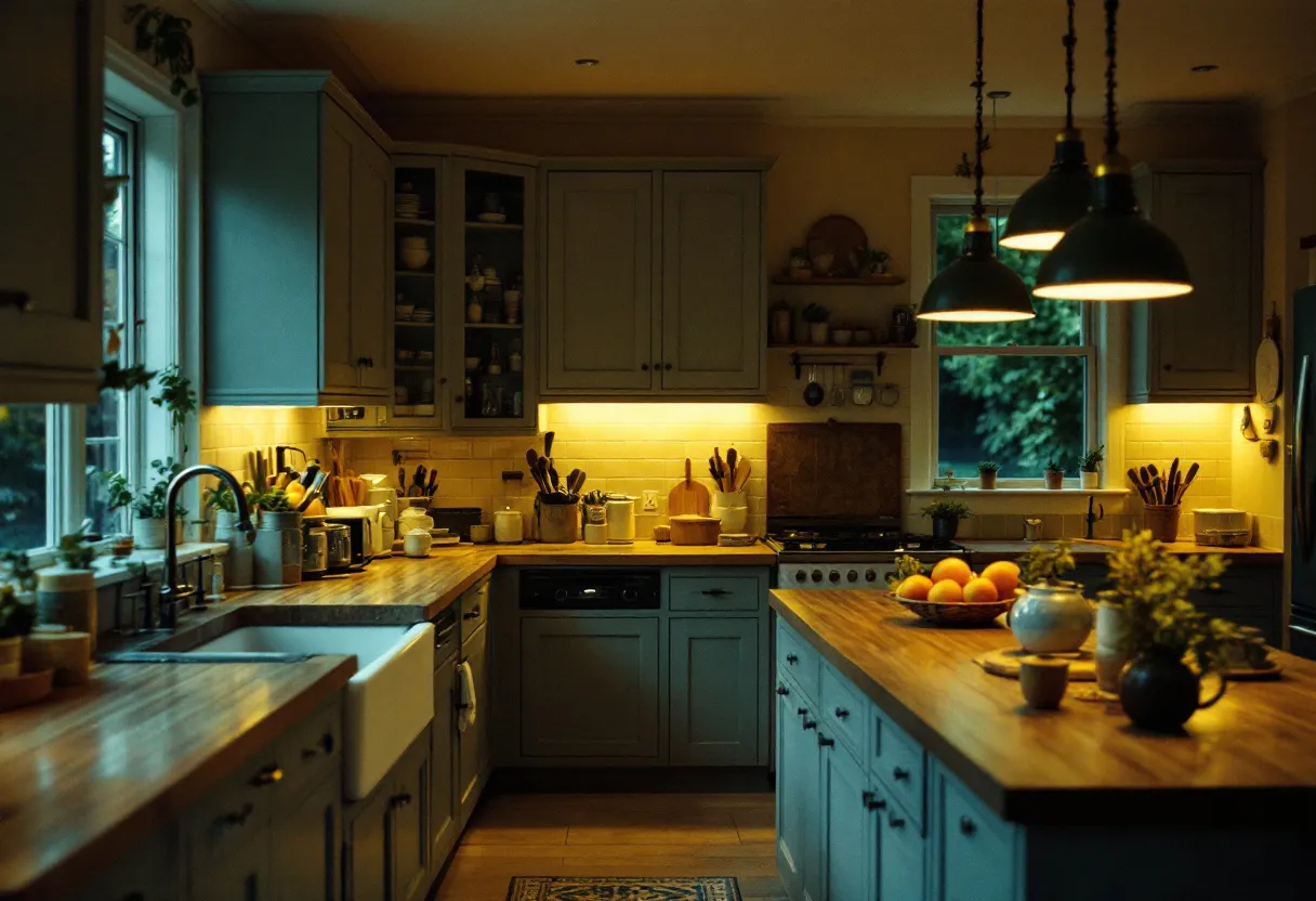 A warmly lit kitchen at dusk with layered lighting and pendants over an island
