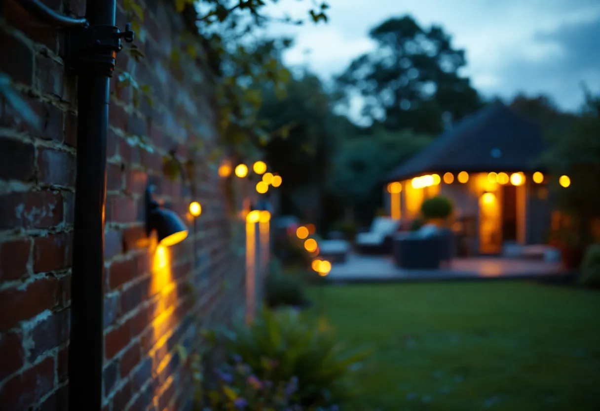 An English garden at dusk with path lights and festoon lighting, armoured cable clipped along a brick wall