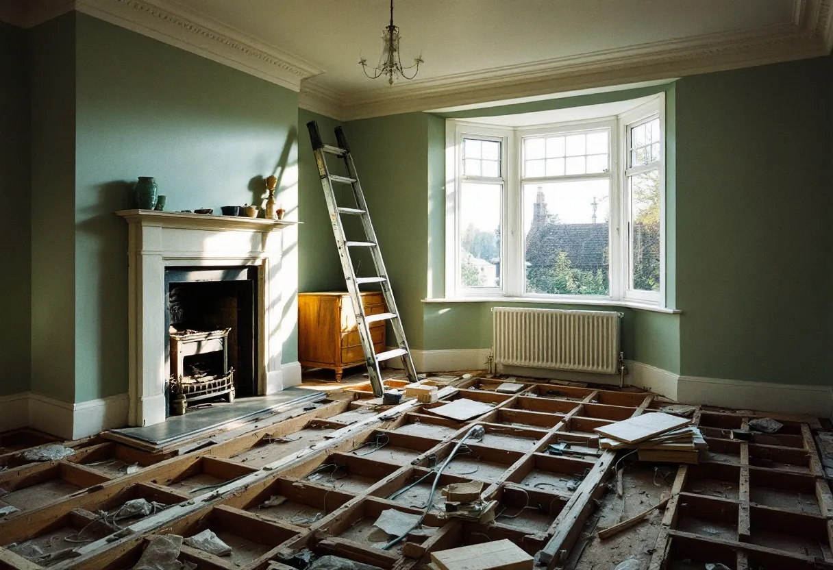 A period living room mid-rewire, floorboards lifted to show neat new cable runs between the joists