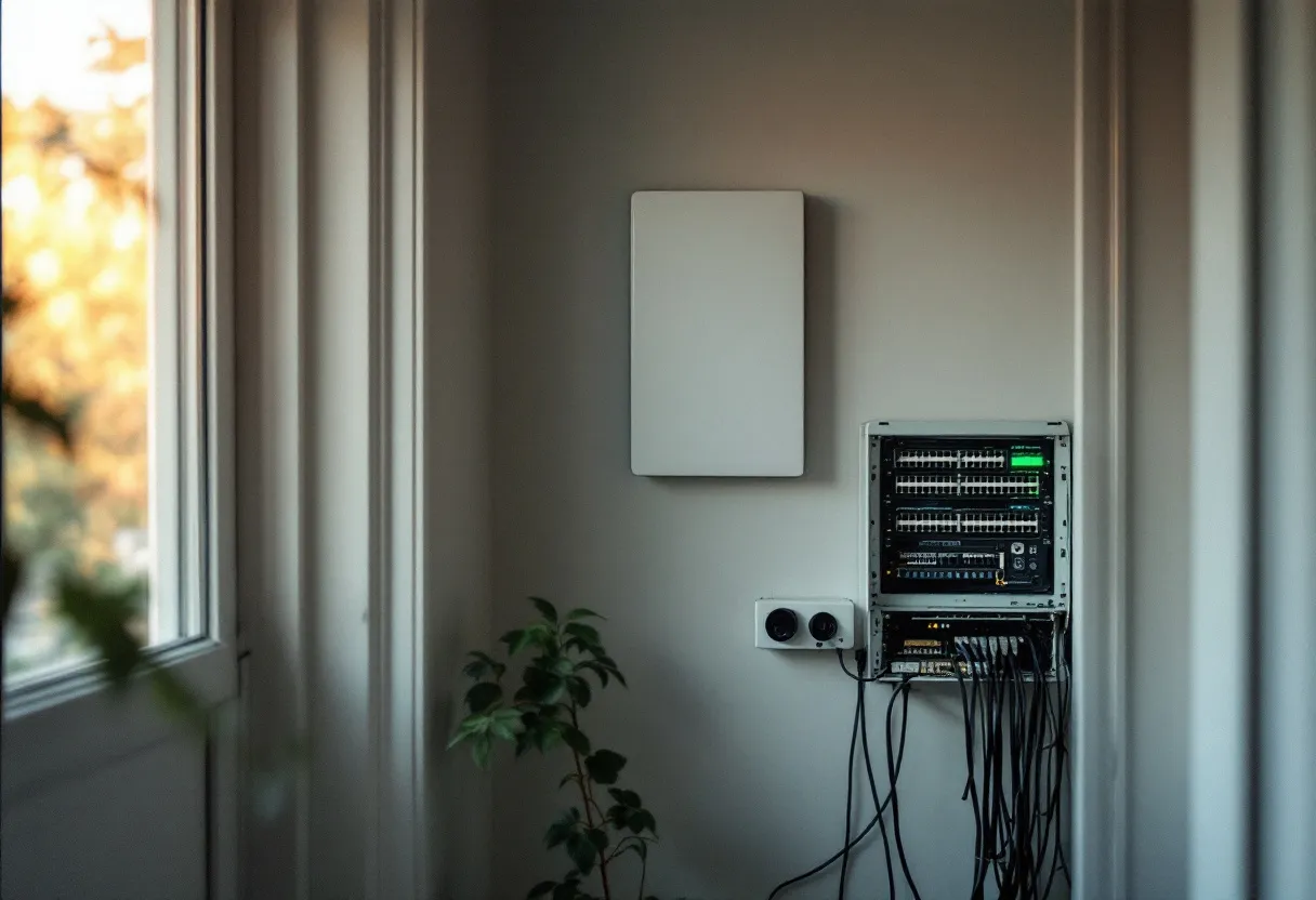 A neat data cabinet with organised patch cables in a hallway cupboard