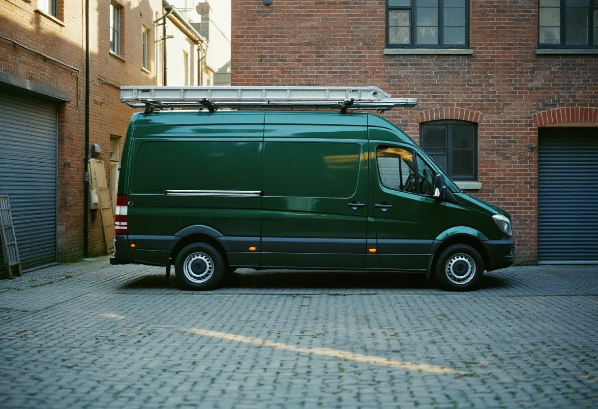 A plain deep-green Redfern van parked outside the Catteshall Works yard in morning light