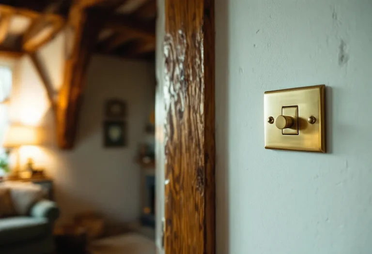Brass light switch with dimmer on white wall next to wooden door frame in period cottage interior