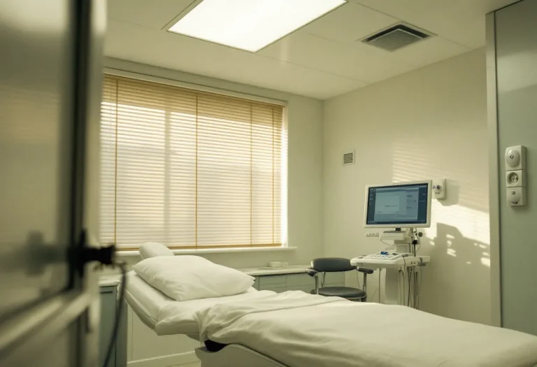 Dental examination room with treatment chair, patient pillow, monitor on wall-mounted arm, and venetian blinds on window.