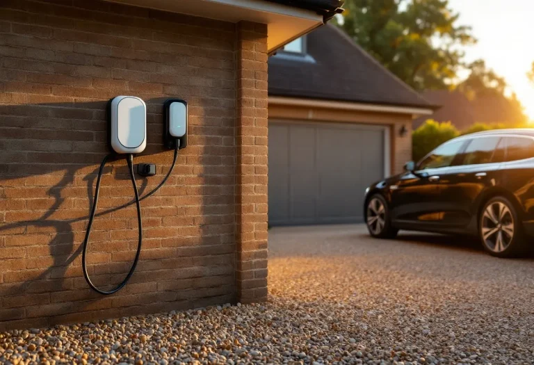 Wall-mounted EV charging unit on brick garage wall with black SUV parked in driveway at sunset