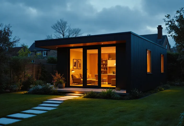 Modern garden studio with black exterior and glowing warm interior lighting at dusk, stone pathway leading to entrance.