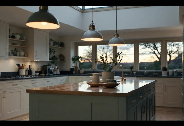 Modern kitchen with white cabinetry, green island, pendant lights, and large windows overlooking countryside at sunset