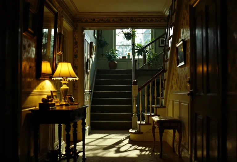 Elegant hallway with yellow lamps lighting wooden furniture beside a staircase with plants and windows